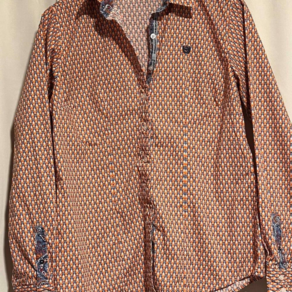 Cinch Long Sleeve Button Down Shirt Orange Blue Geo Print Size L